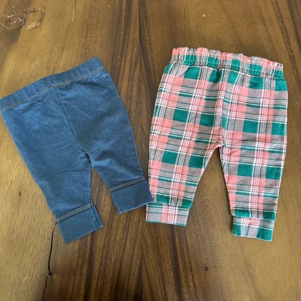 Laughing Llama Bundle of 2 Pants Plaid Pants and Solid Blue Leggings Size 3M